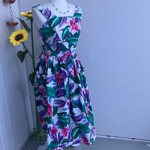 Vintage 80s Purple, Pink, & Green Tropical Floral Print Fit & Flare Midi Dress
